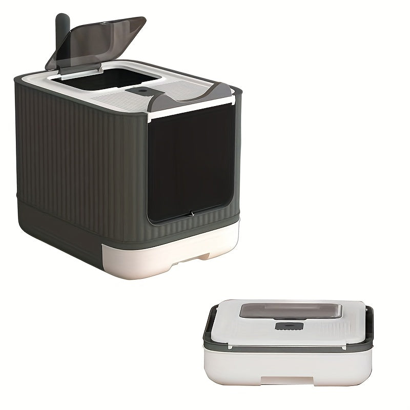 TEMU Foldable Enclosed Cat Litter Box With Lid - Large Top Entry Design, Drawer & Removable Tray, Includes Scoop - Durable Plastic Space-saving Cat