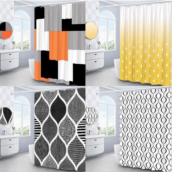Shower Curtains Modern 3D Geometry Shower Curtains Set Red Orange Grey Yellow Lattice Fabric Bathroom Accessories Black and Gray Bath Curtai
