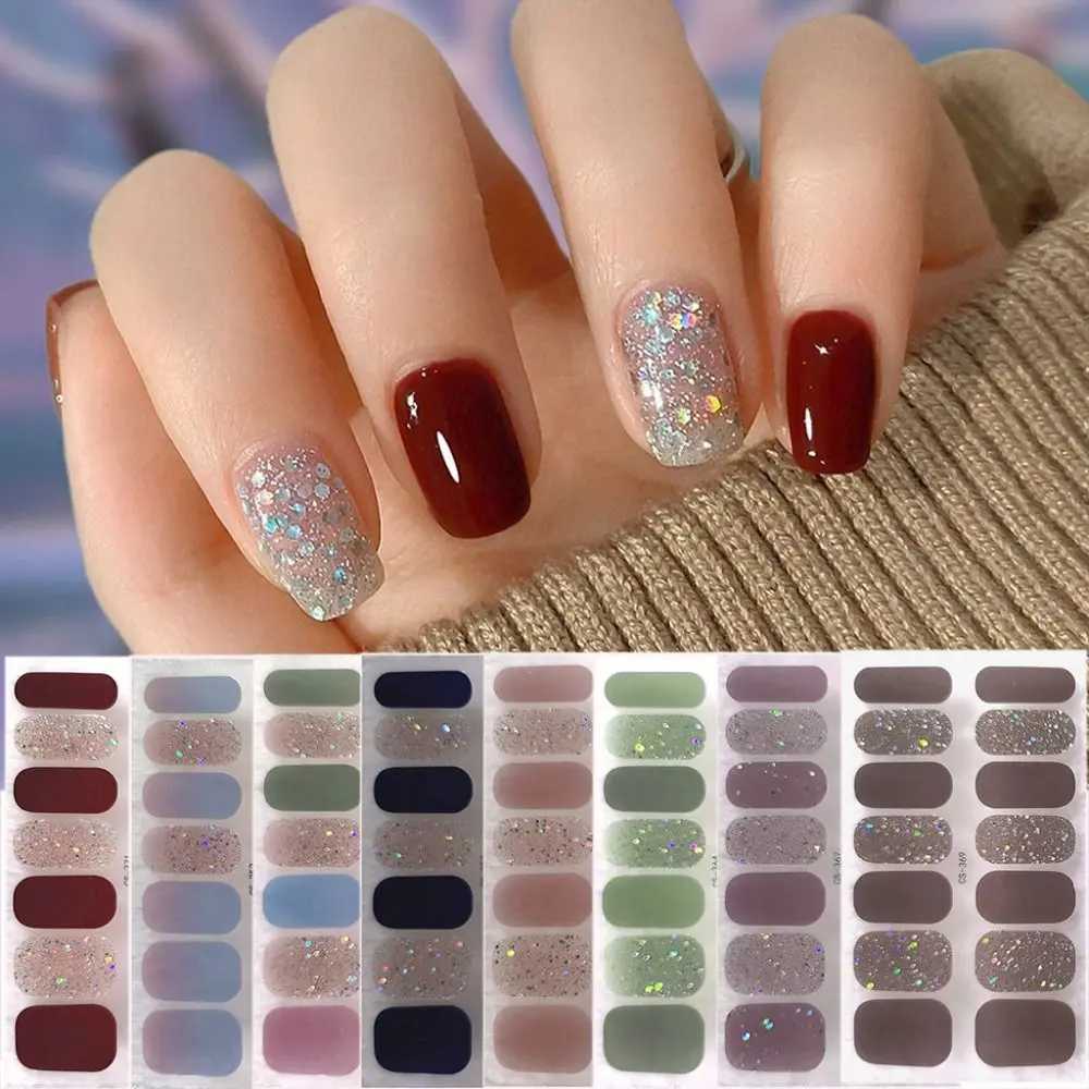 14 Tips Semi cured gel nail sticker foil glittering nail art sticker self-adhesive simple gel full nail packaging hand decal W240823