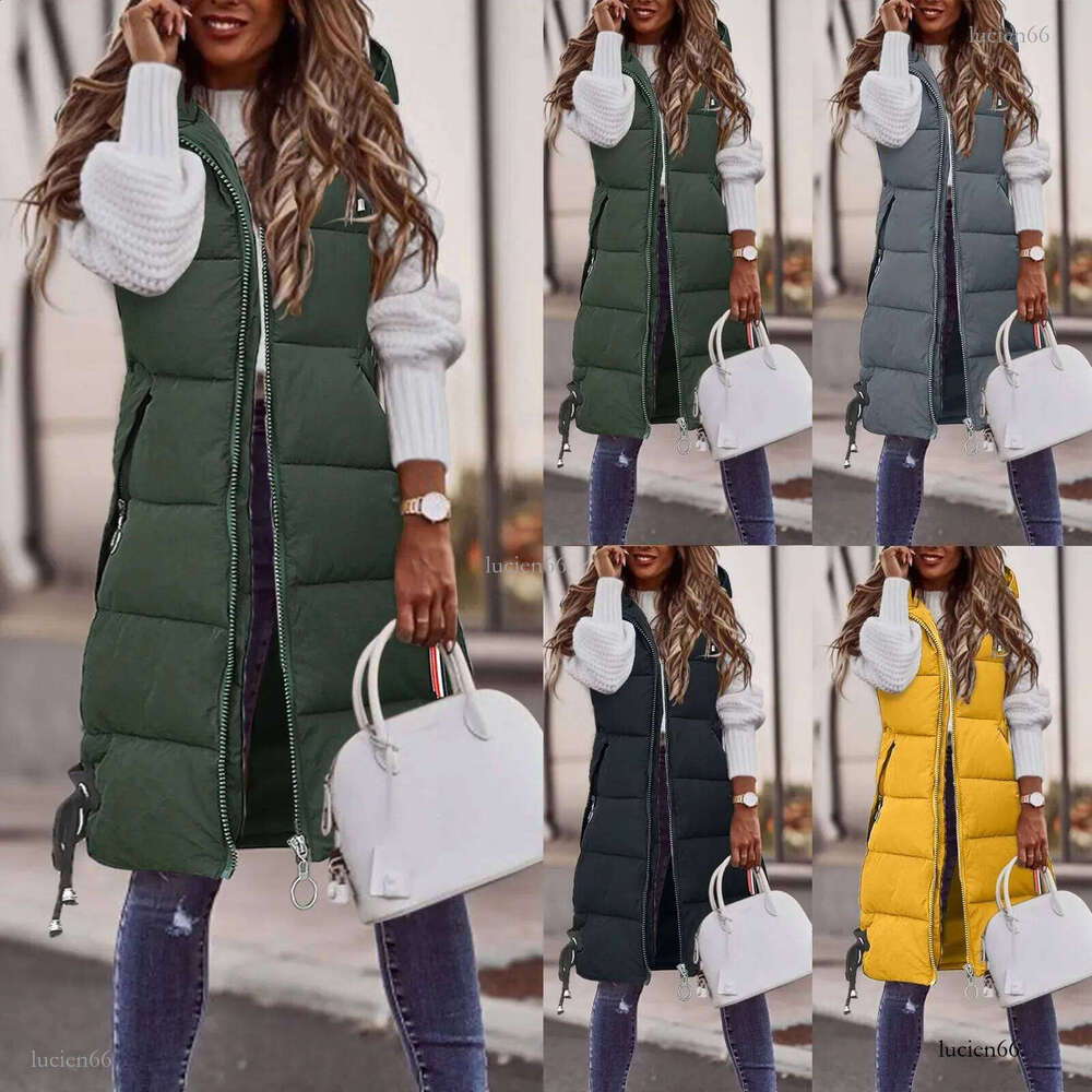 Women Solid Hooded Vest Zipper Pocket Loose Womens Vests Outerwear Sleeveless Jacket Long Coat Vests Woman Winter Coats 240813