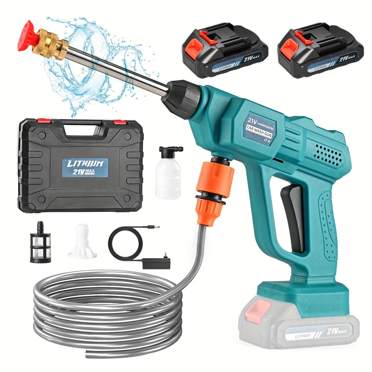 TEMU [21v Cordless Water Gun] Portable Cordless Handheld High Pressure Car Wash Gun|adjustable Nozzle-3 Spray -5-meter Hose-2 Rechargeable Battery