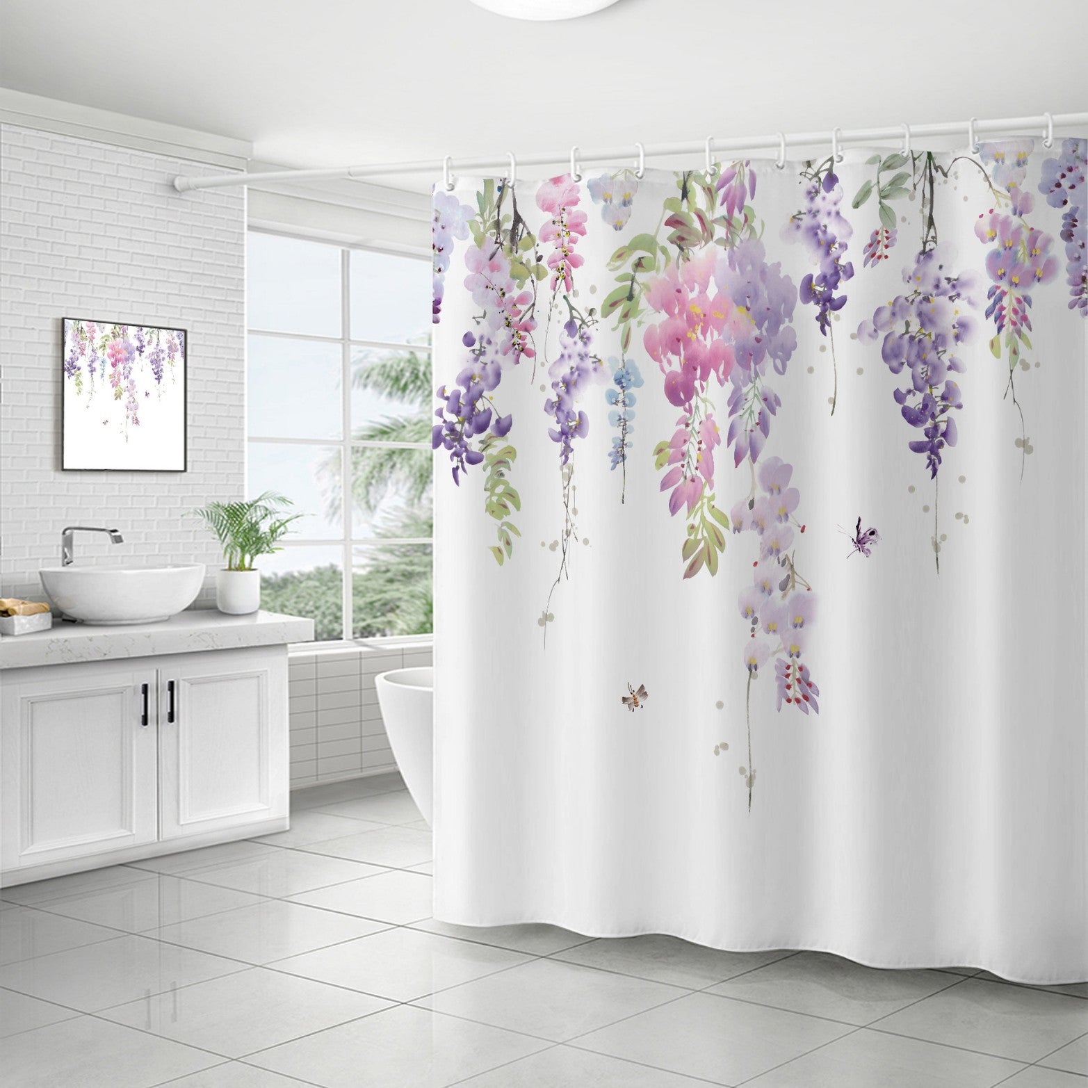 YL-37127 digital shower curtain cross-border plant flower waterproof polyester bathroom four-piece set dry and wet separation moisture-proof