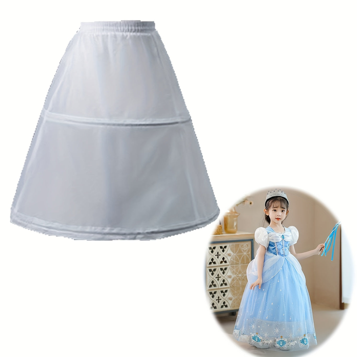 TEMU Adjustable Petticoat Skirt Underskirt With 2 Hoops Elastic Waist A-line White Long Petticoat For Little Slip Puffy Tutu Bloomers Crinoline Lace