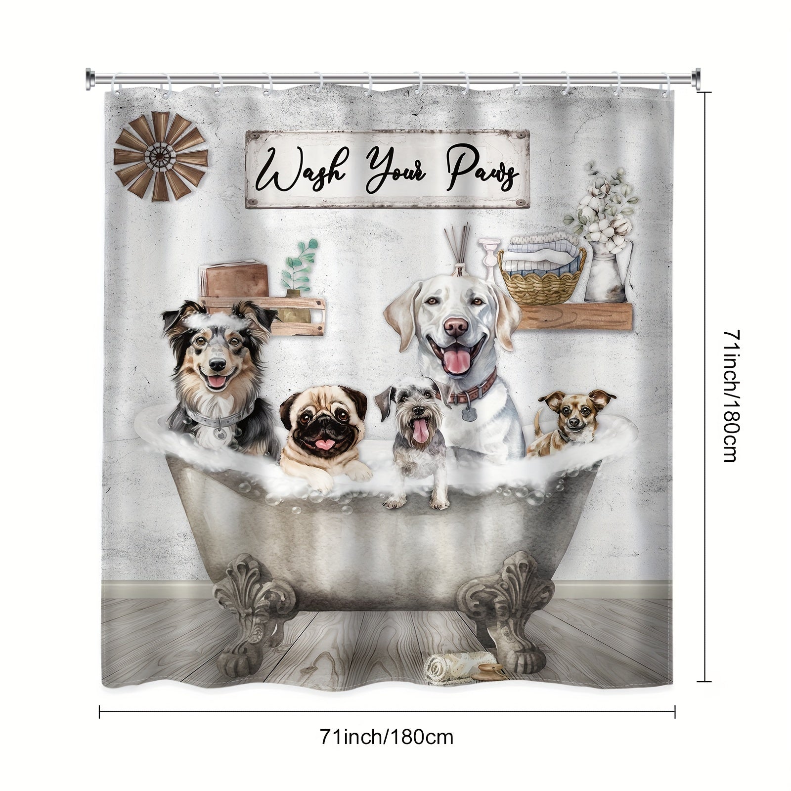TEMU 1-4pcs - Funny Dog Shower Curtain Set, Wash Your Paws Dog Cute Country Animal Cartoon Farm Modern 12 Hooks Shower Curtain, Non-slip Bathroom
