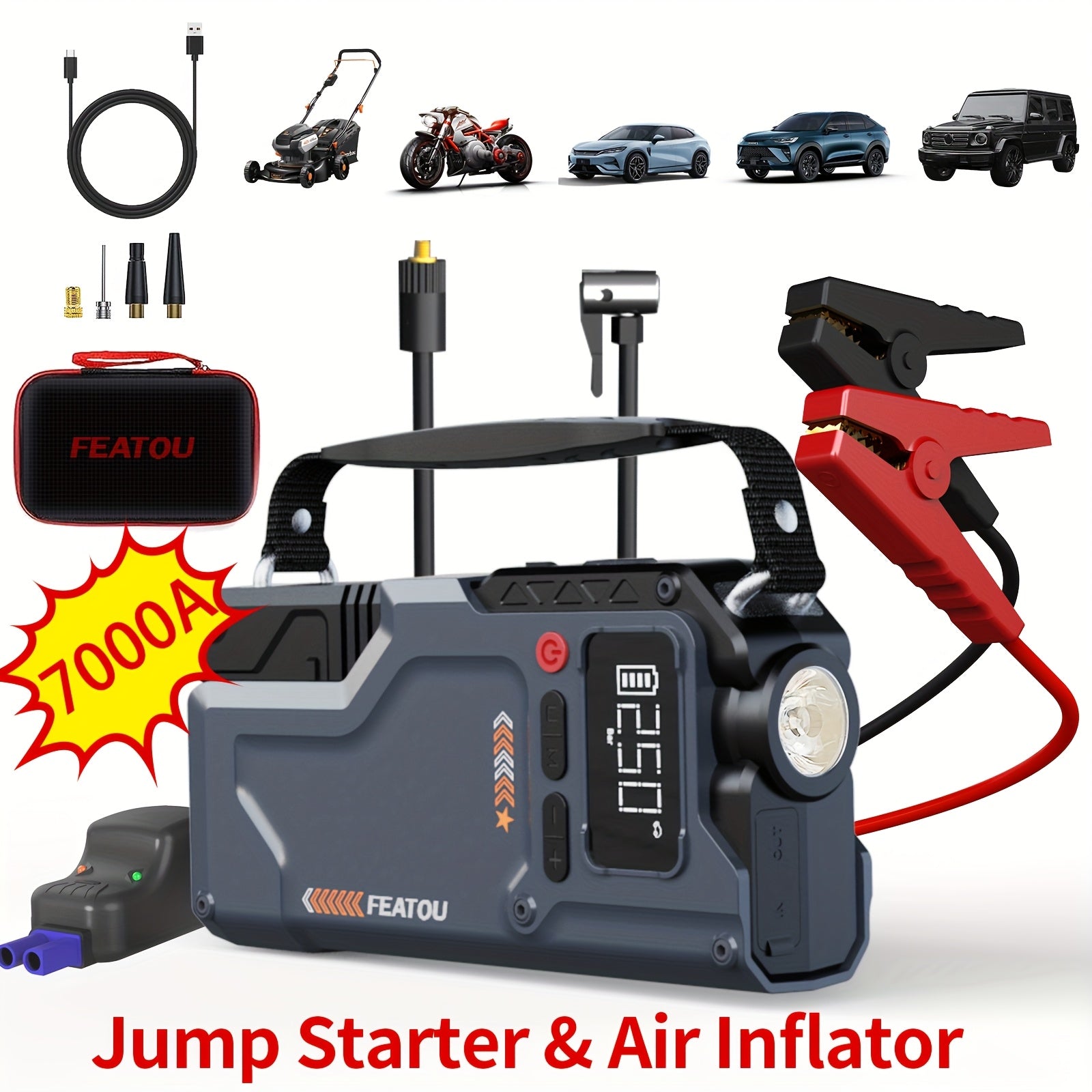 TEMU Jump Starter With Air Compressor, 5 In 1 Function Jump Box 7000a 150psi Jump Pack With Digital Tire Inflator, Car Battery Charger Portable For