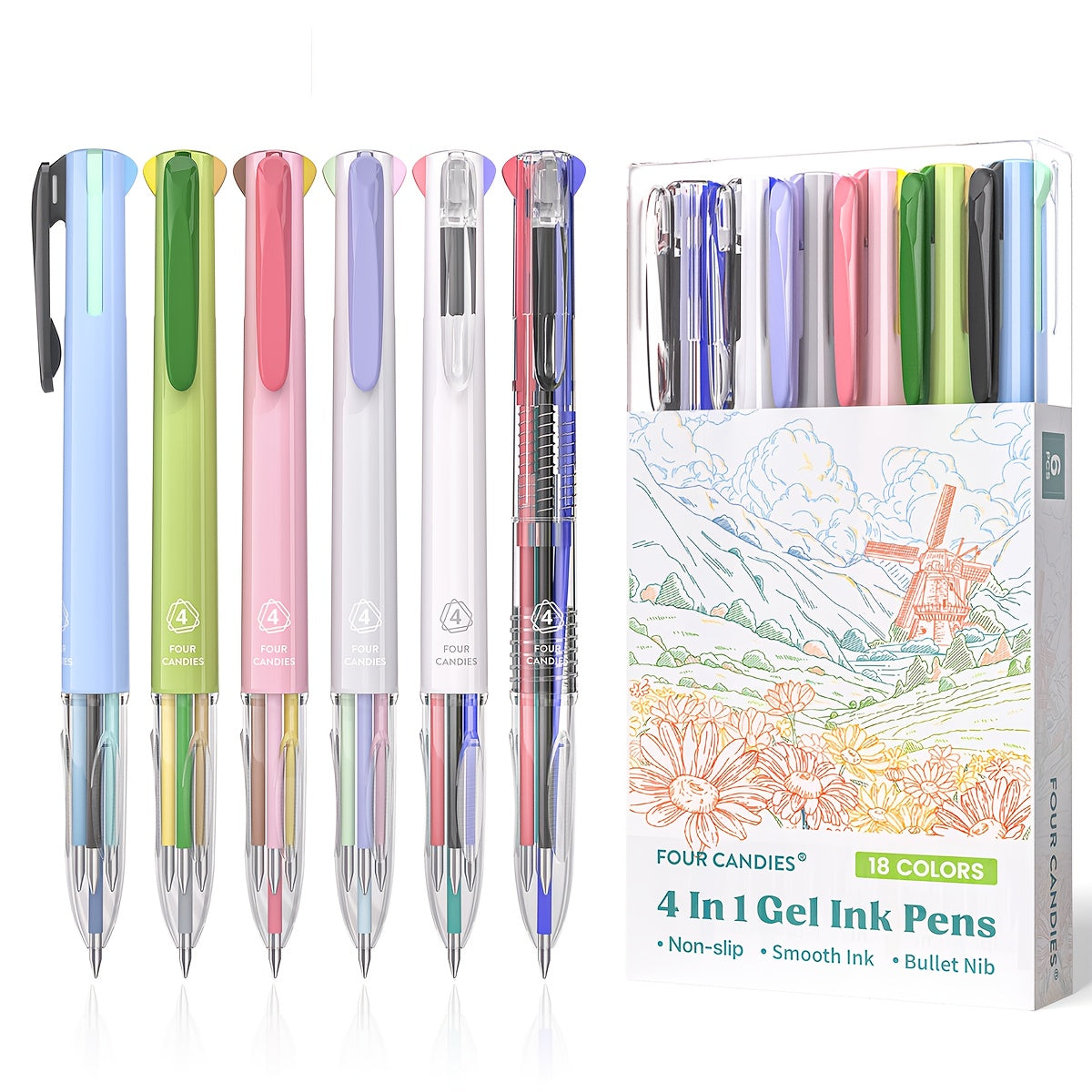 TEMU Fourcandies 6pcs Multicolor Pen, 0.5mm Colored Pens, Multicolor Ink Pens, 18 Colors Retractable Ink Pens For Office, Supplies, For Valentine's