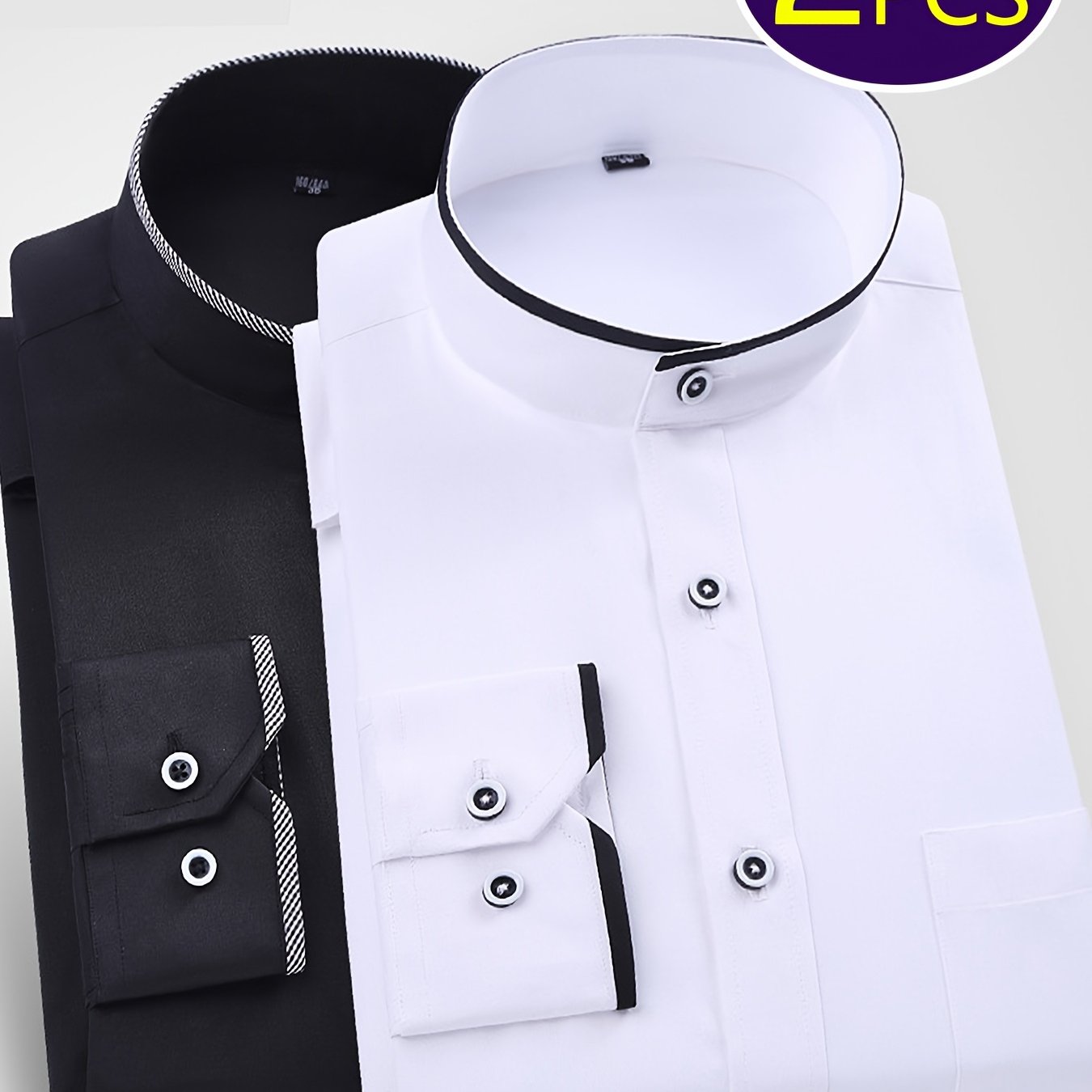 TEMU 2pcs Men's Collar Shirts - Wrinkle- Casual Office Wear, Lightweight Slim Fit Blouse (white-black)