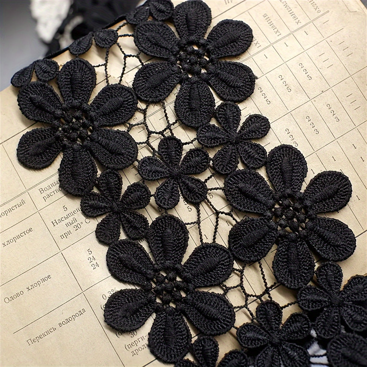 TEMU 1 Yard Embroidered Floral Lace Trim Fabric, Black And , 10cm Wide, For Sewing, Skirt Hemming, And Clothing Decoration