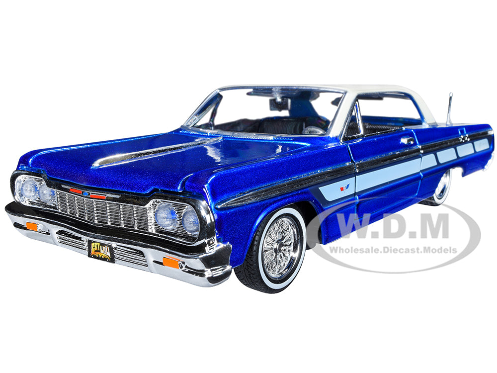 1964 Chevrolet Impala Lowrider Hard Top Candy Blue Metallic with Cream Top "Get Low" Series 1-24 Diecast Model Car by Motormax