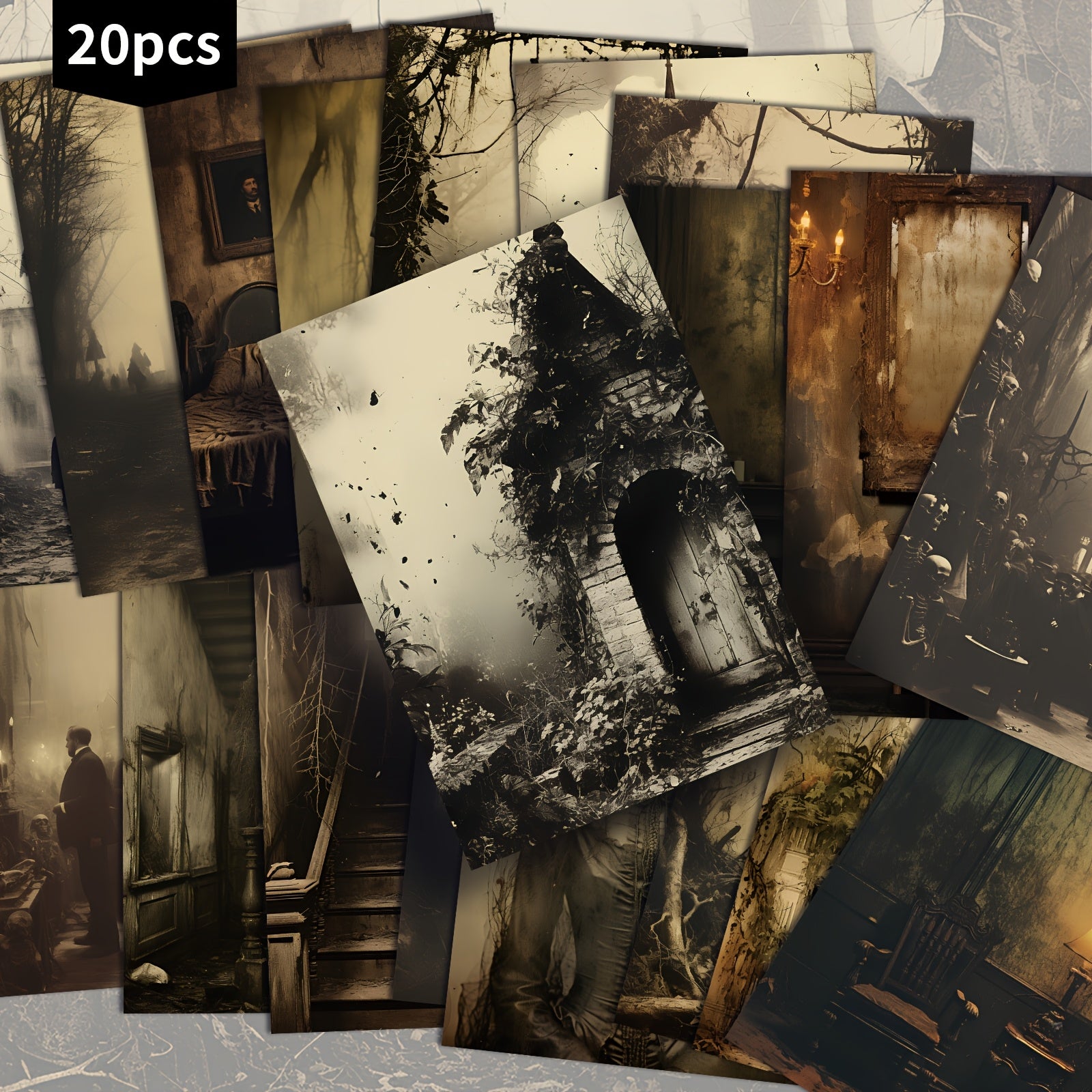 TEMU 20-pack Asstss Vintage Gothic Halloween Postcards - Spooky Mansion, Cemetery, Vintage Photo Backdrops - 4x6 Inches For Scrapbooking, Junk