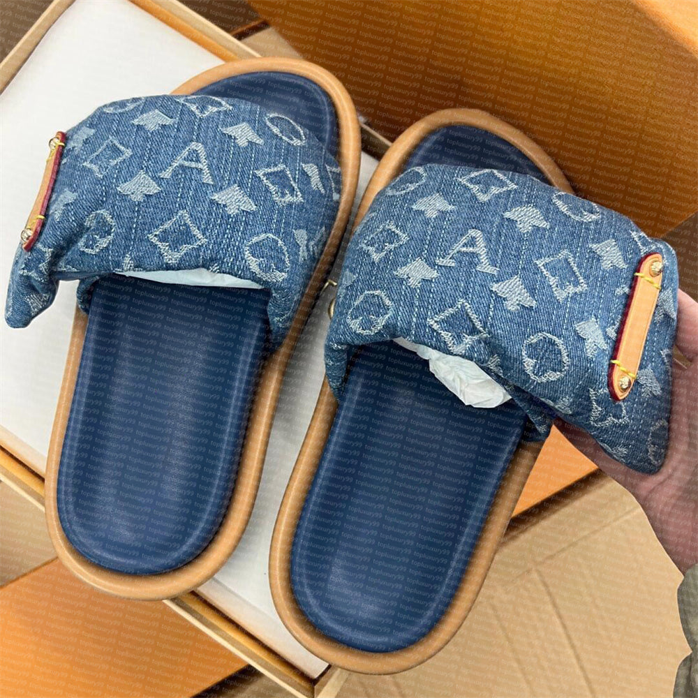 Designer Sliders Pool Pillow slippers Flat Comfort Mules Slides Fashion Classic Prints Embossed Summer Sandals Black Grey vintage Beach Shoes slippe