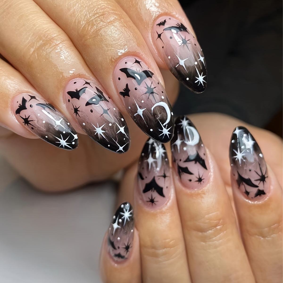 TEMU 24pcs Set Bats Press-on Nails, Almond Shaped Middle-length, Mixed Color Glossy Finish With And Holiday Elements - Festive Halloween Nail Art