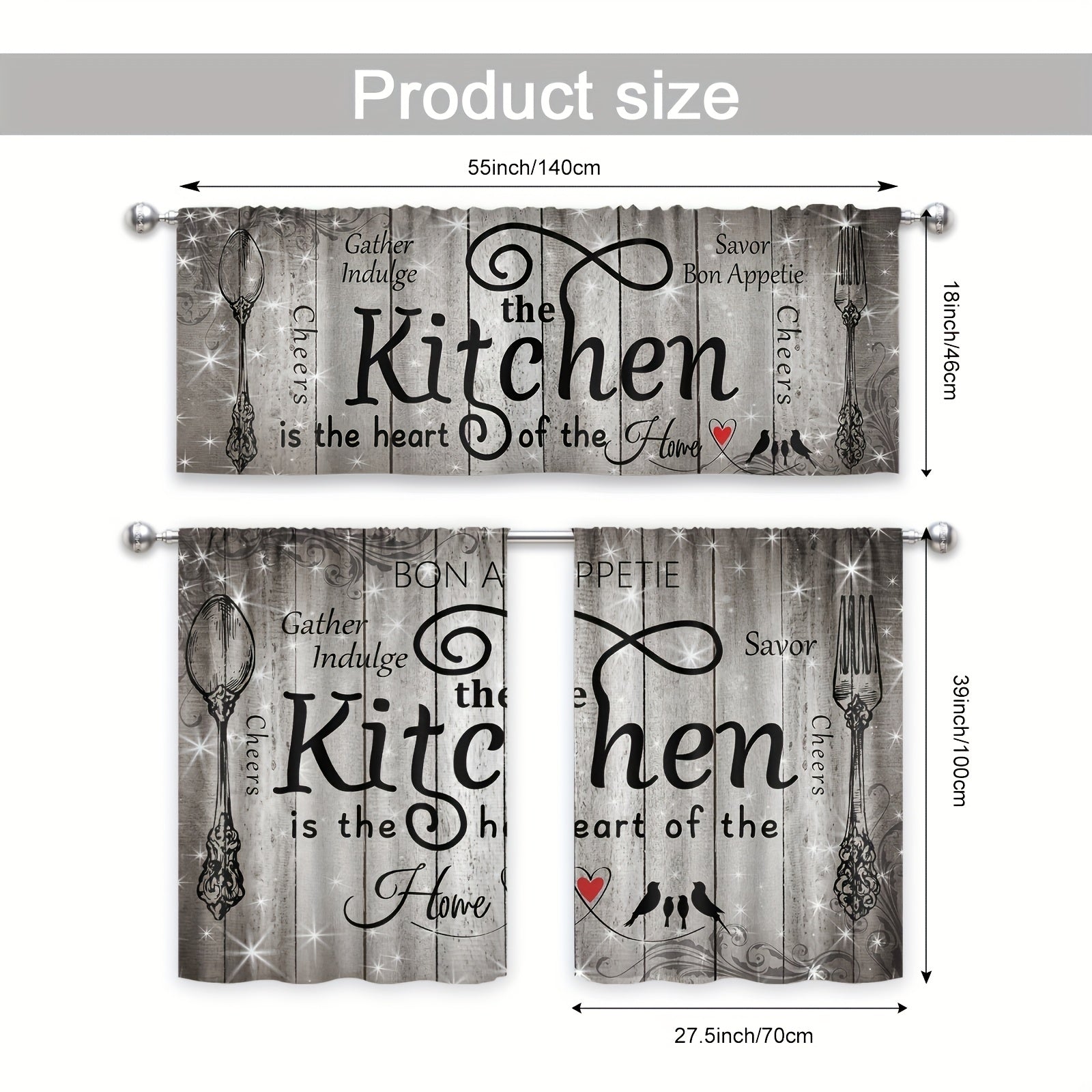 TEMU 3-2pcs Retro Farmhouse Kitchen Curtain Set Country Fork And Spoon Black Grey Jupiter Sparkle Vintage Living Room Bedroom Dining Room Home Decor