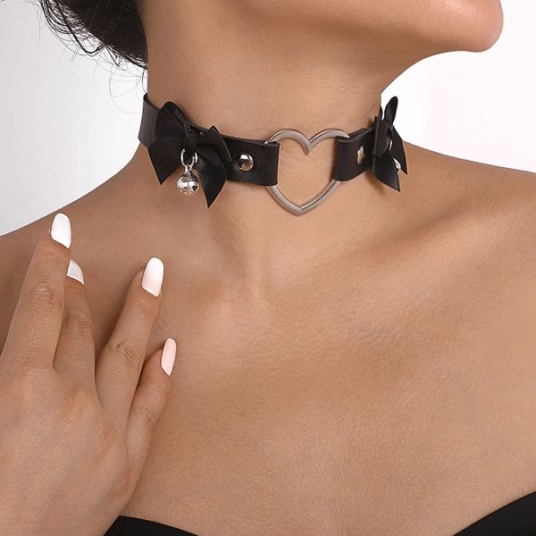 Heart Choker Necklace For Women Girls Black Leather Spiked Bowknot Chocker Collar Goth Jewelry Rave Festival Accessories