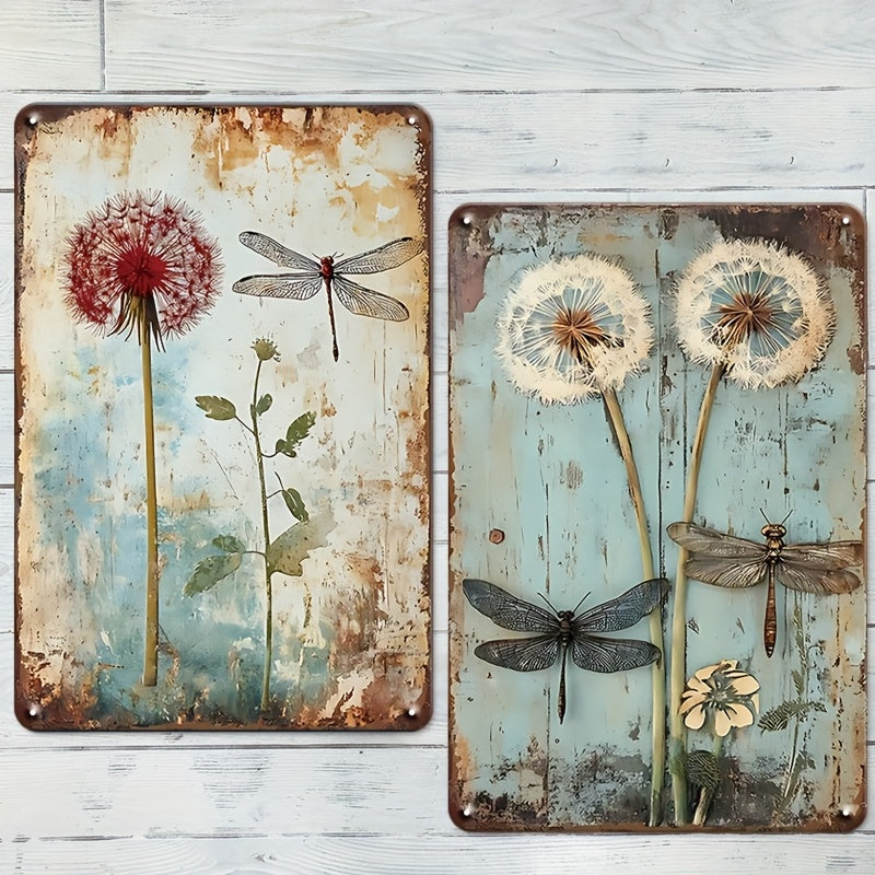 TEMU 2 Pack Vintage Dandelion & Dragonfly Metal Wall Decor Sign 8x12inch Rustic Decor For Kitchen, Cafe, Garage | Versatile Hanging Sign For Home,