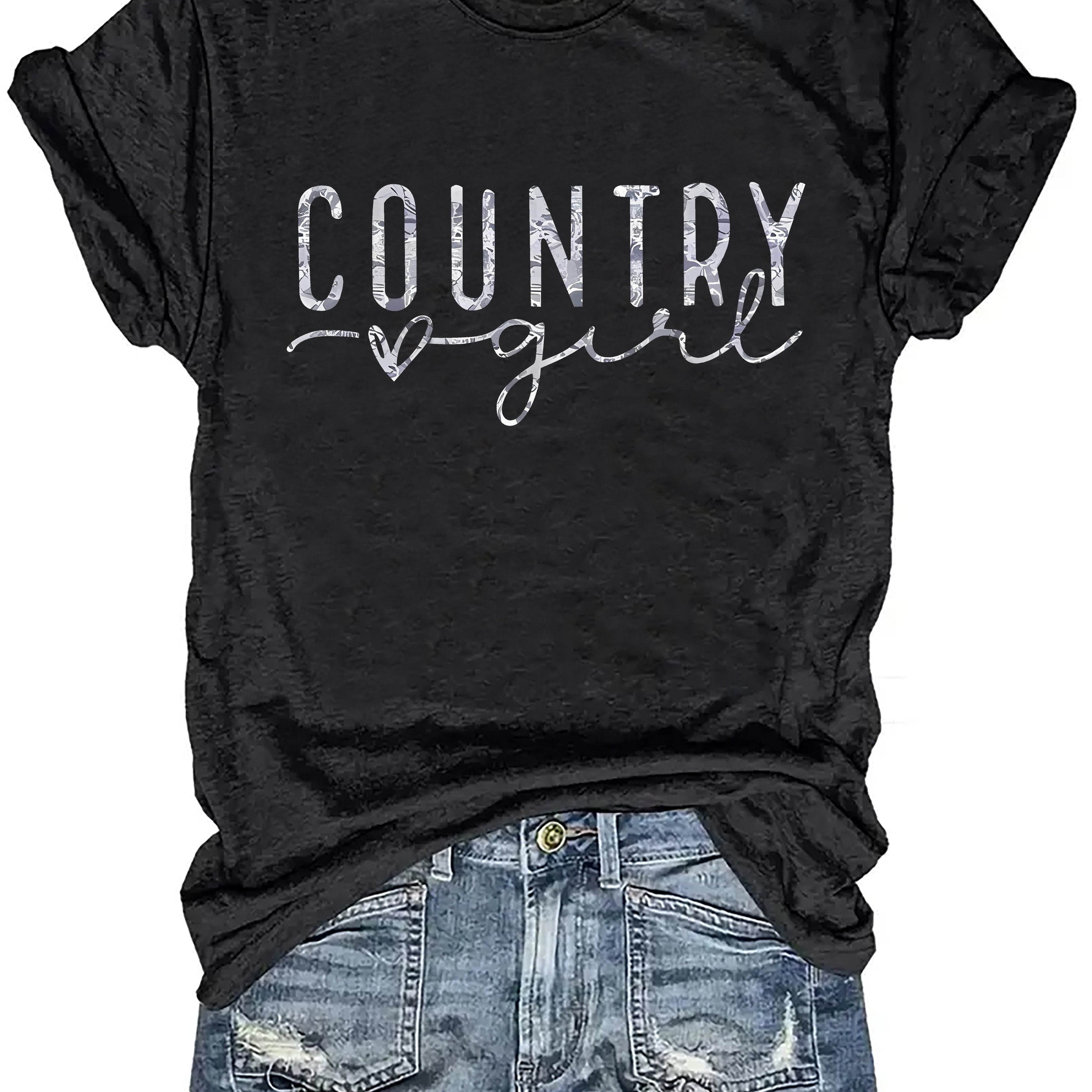 TEMU 1pc Women's Casual Country Polyester T-shirt, Short Sleeve Crew Neck Fabric Top With Minimalist Alphabet Print For All