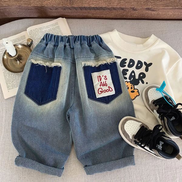 Spring Children Boys Denim Pants Cotton Casual Versatile Infant Baby Boys Jeans Loose Letter Patch Kids Boys Straight Pants 250206