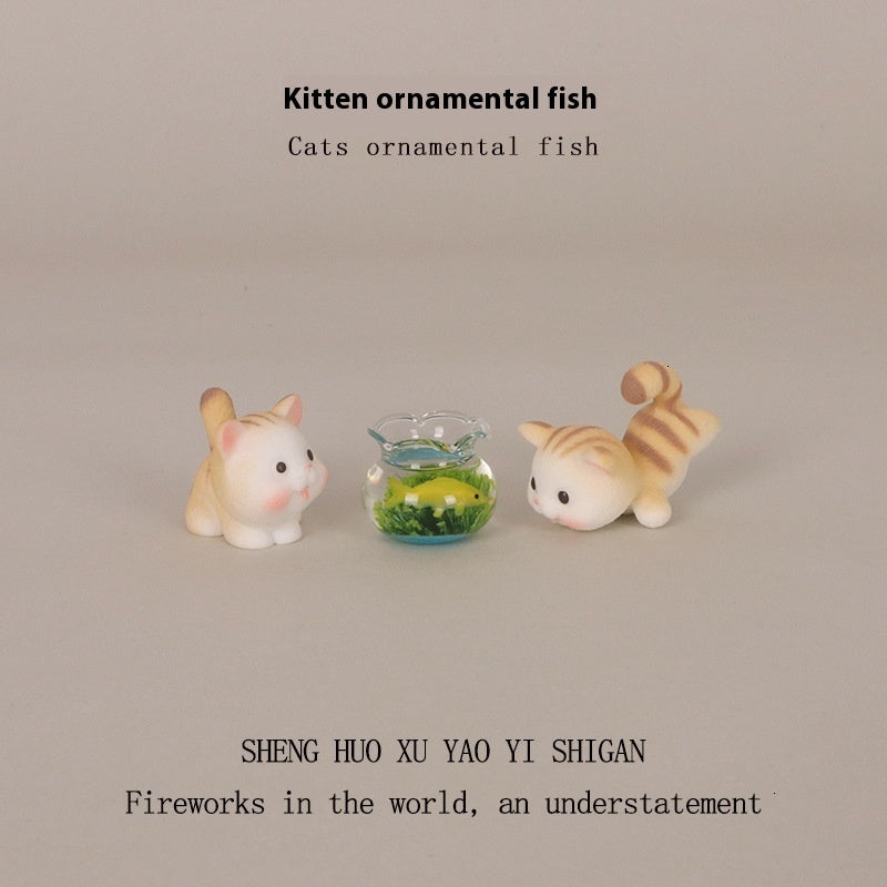 Petite Adorable Kitten Figure in a Fishbowl Quirky Tabletop Miniature Cat and Plant Aquarium Artwork
