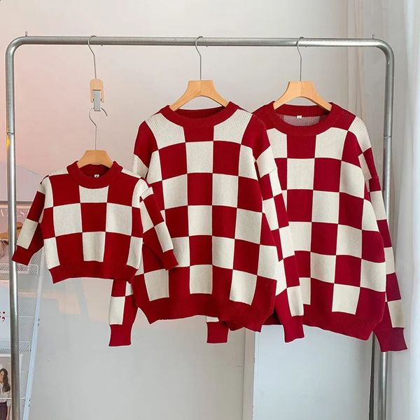Parents children autumn and winter knitted tops family competition plain knitting mom dad childrens clothing fashionable checkered sweaters