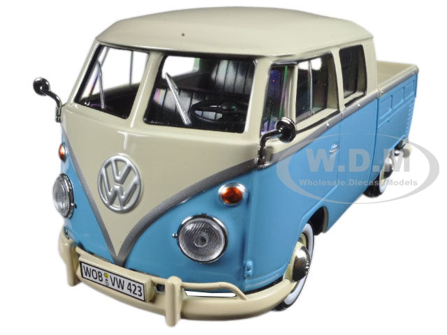 Volkswagen Type 2 (T1) Double Cab Pickup Truck Light Blue and Cream 1-24 Diecast Model Car by Motormax