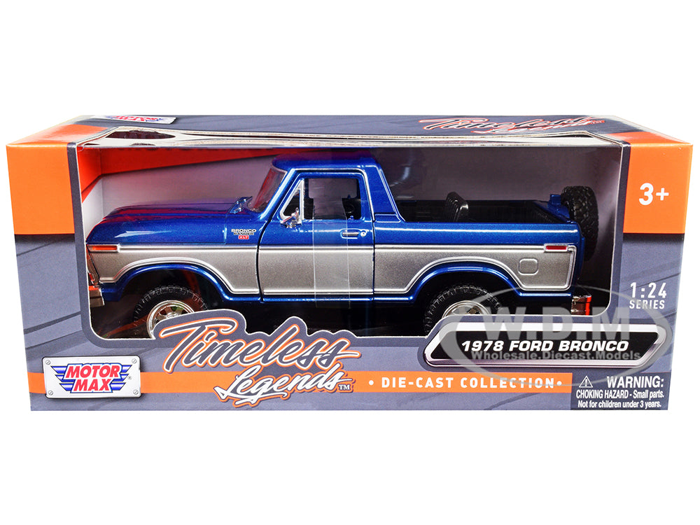 1978 Ford Bronco Ranger XLT (Open Top) with Spare Tire Blue Metallic and Silver "Timeless Legends" Series 1-24 Diecast Model Car by Motormax