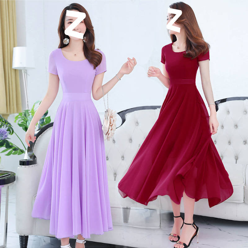 191 Temperament Slim Dress Women&#039;s Summer New Swing Chiffon Beach Dress Large Size Mid-Length Dance Long Skirt