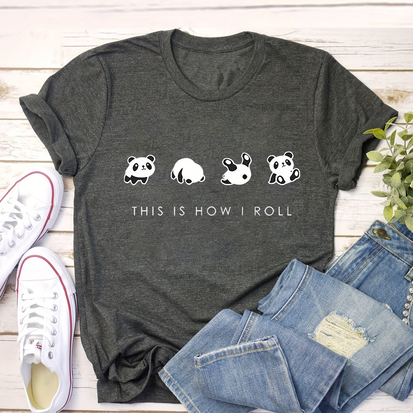 TEMU Plus Size Casual T-shirt, Women's Plus Cartoon & Slogan Print Short Sleeve Round Neck Slight Stretch T-shirt