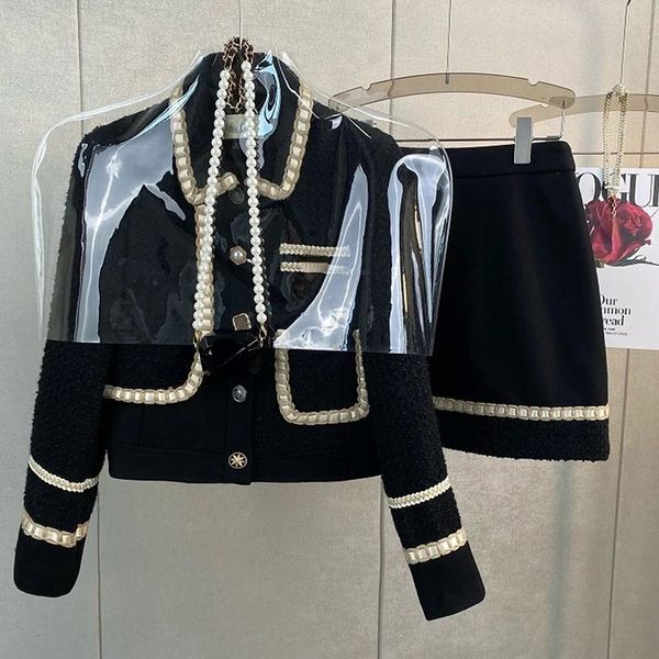 Winter Vintage Small Fragrant Black Tweed Coat Woolen Jacket Two Suit Wrap Hip Mini Skirts Dress Sets Fashion Clothes Women 240708 B2