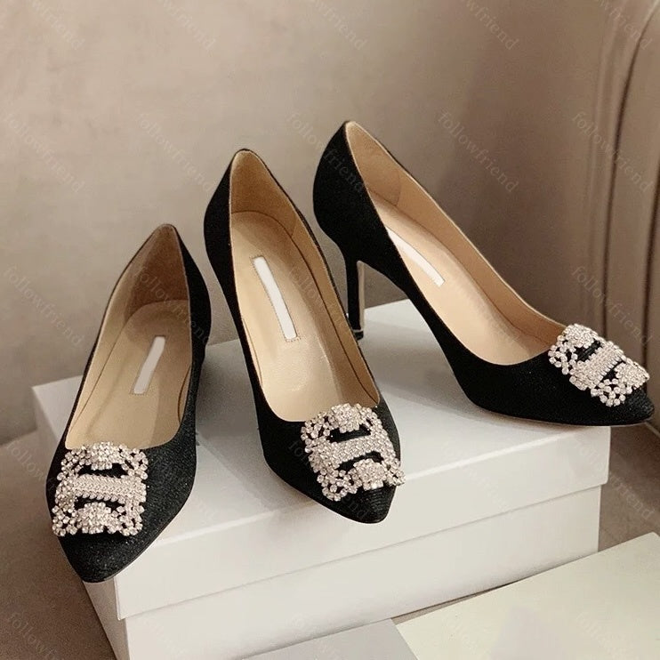 Designer High Heels Slingback heels Pointed Toe heels Rhinestone crystal square Buckle-detail Satin Stiletto heels Women sandals Pumps Dress shoes s