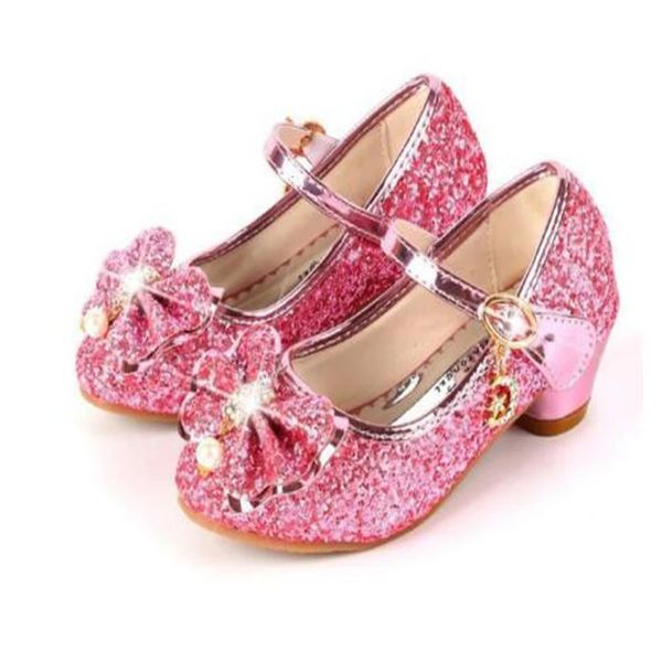 Princess Butterfly Leather Sapatos Kids Diamond Bowknot High Heel Children Girl Sapatos de Glitter Shoes Fashion Festy Party Dance Shoe 2412