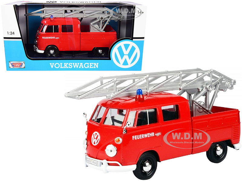 Volkswagen Type 2 (T1) Fire Truck with Aerial Ladder "Feuerwehr" Red 1-24 Diecast Model Car by Motormax