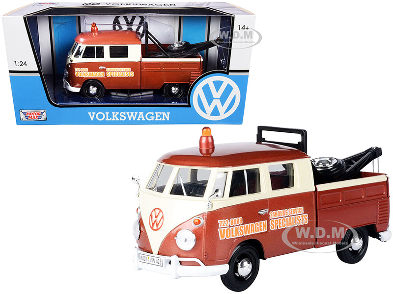 Volkswagen Type 2 (T1) Tow Truck "Volkswagen Specialists" Brown Metallic and Cream 1-24 Diecast Model Car by Motormax