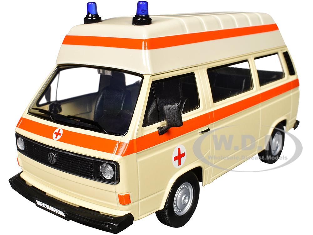 Volkswagen Type 2 (T3) High Roof Ambulance Cream with Orange Stripes 1-24 Diecast Model Car by Motormax
