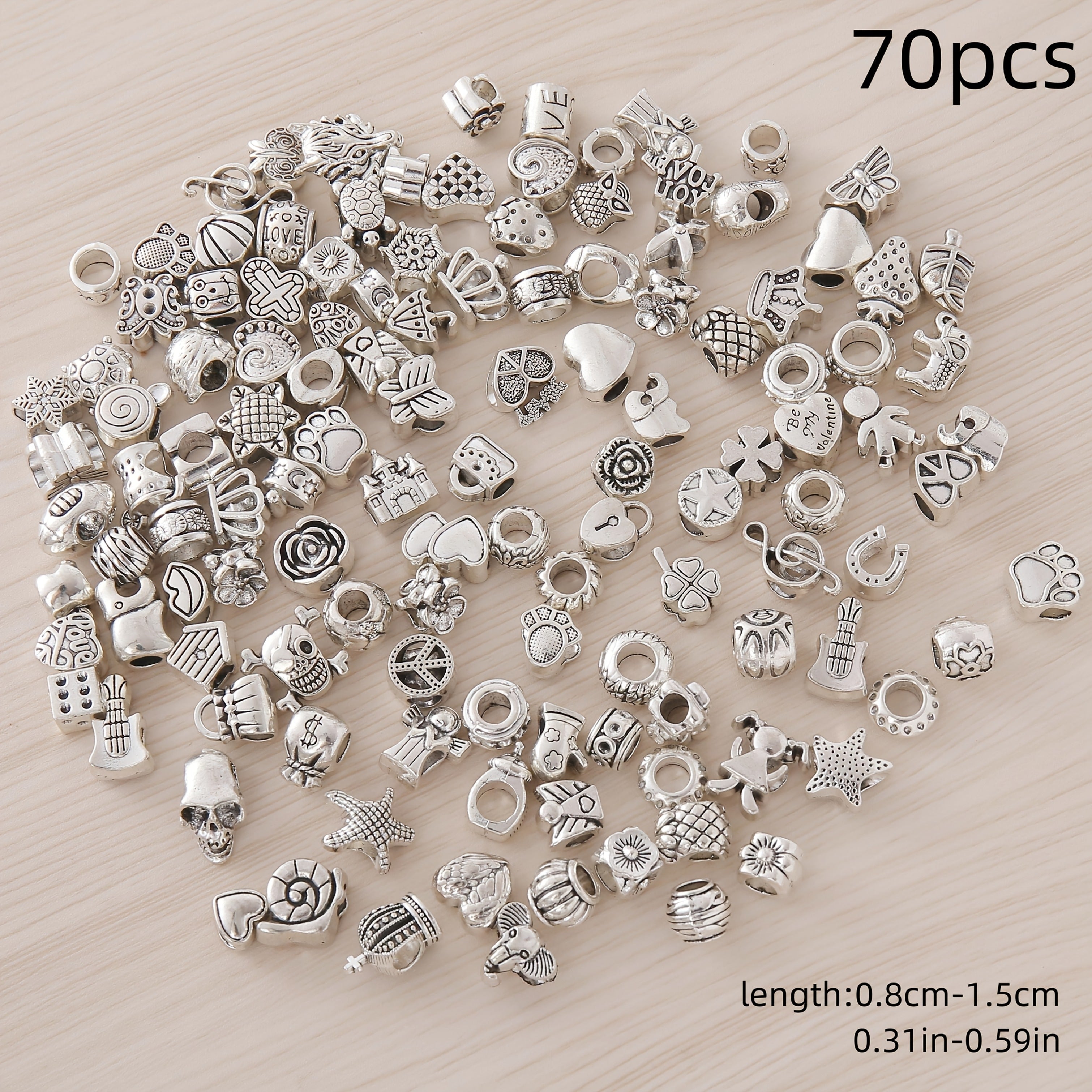 TEMU 70pcs Mixed Vintage Style Large Hole Charm Beads Set, Alloy Metal Pendants, Assorted Fashion Themed Synthetic Supplies, For Making, With No