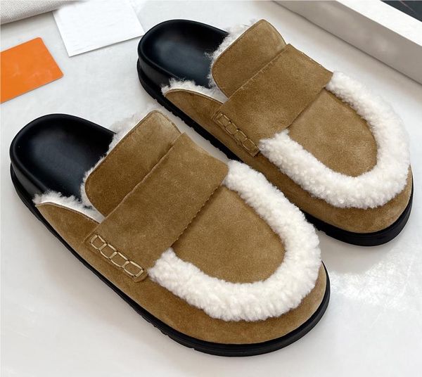 designer slippers women calfskin slipper go mules rubber flat sandals thick bottom suede mule wrapped toe leather sandal autumn winter flip