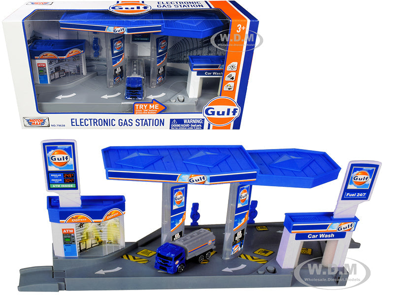 "Gulf" Electronic Gas Station Diorama with Light and Sound and Tanker Truck 164 Model by Motormax