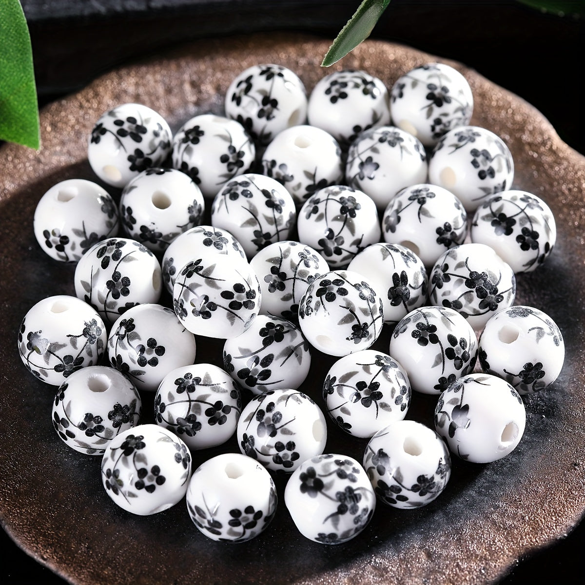 TEMU 50pcs 10mm Chinese Style Floral Ceramic Beads - Black & White Contrast , High-quality Ceramic Handmade Beads For Making, Necklaces, Bracelets,