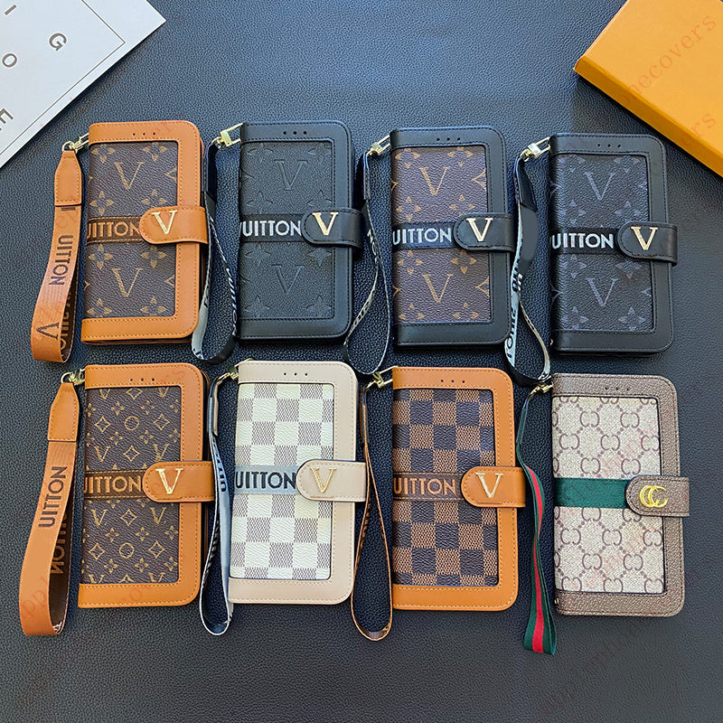 Genuine Leather Wallet Phone Designer Case Flip Card Holder for iPhone 16 15 14 Pro Max 13 12 11 14Plus Samsung Galaxy S23 Ultra S22 Plus Brand Mobi