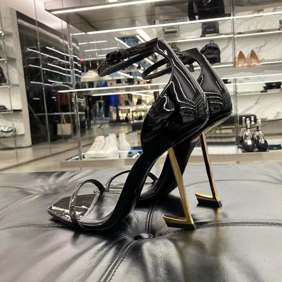 Designer high heels gold heel Dress women Shoes high-heeled Sandals Patent Leather Golden Tone black lady top quality sandals Party Wedding Office p