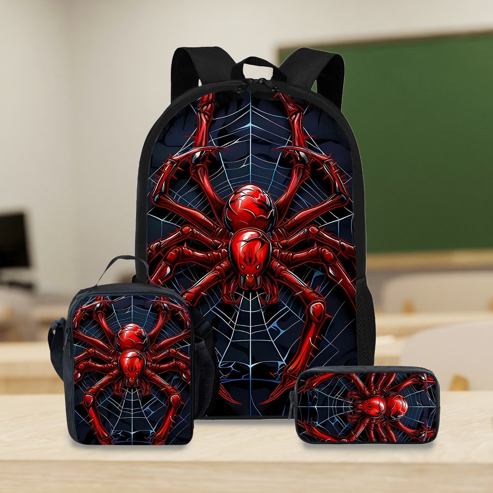 TEMU 3pcs Set Spider Web Print Pvc Backpack, Fashion Lightweight School Bag, With Adjustable Straps, Zipper Closure, Hand Washable, For Teenager