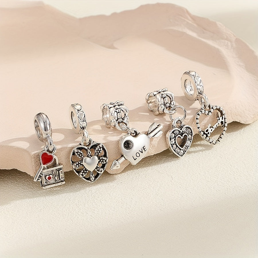 TEMU 5pcs Vintage Boho-chic Love Heart Pendant, Key And Lock Alloy Charms, Small Silvery Peach Heart, Rustic Versatile Diy Necklace & Bracelet