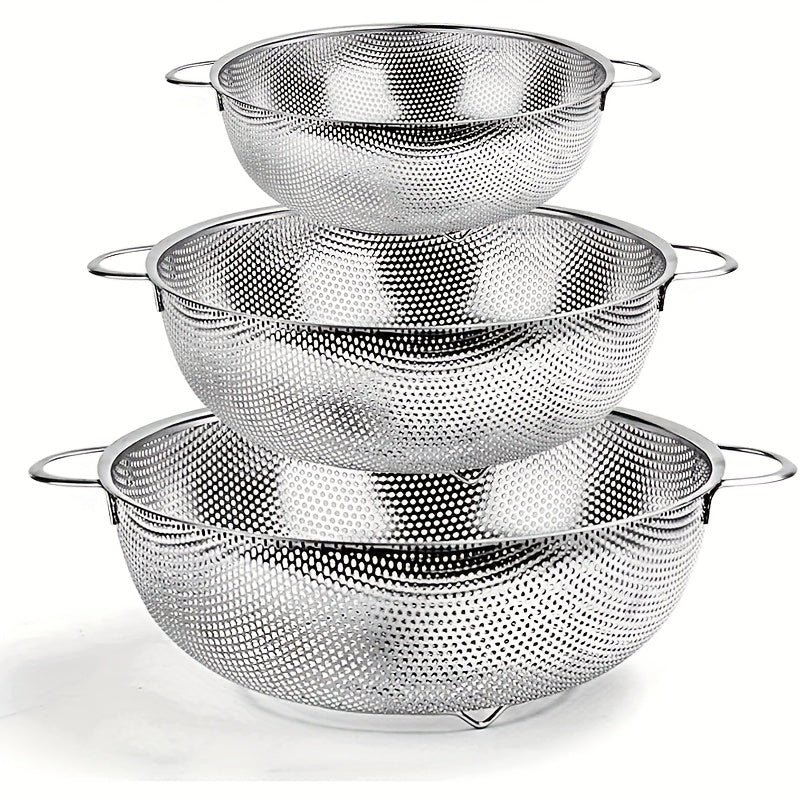 TEMU 3pcs Stainless Steel Strainer Set With Handle, Large Mesh Bag For Kitchen, Fine Strainer For Pasta, Vegetables And Food Drainage, Durable