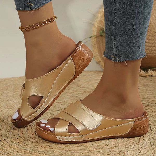 Sier Gold Wedge Sandals Women 2024 Summer Thick Bottom Platform Slippers Woman Plus Size 43 Retro Slip On Beach Sandles Slide e333