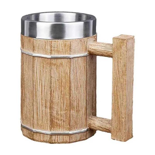 Vikiings Wooden Barrel Beer Mug Stainless Steel Eco-Friendly Imitation Wood Cup Double Wall Cocktail Mug For Drinks Cup OrnamentM240803