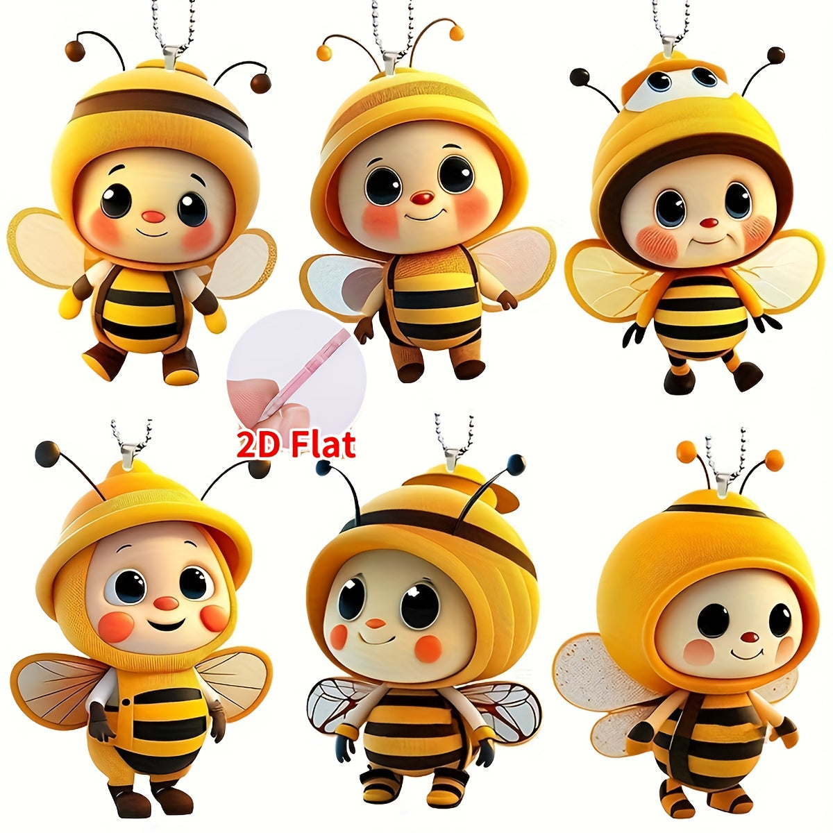 TEMU 2d Flat - 2d Falt 6pcs Cute Bee Charms Set For Home, Car, Backpack And Keychain - Ideal Party Favors And Gifts