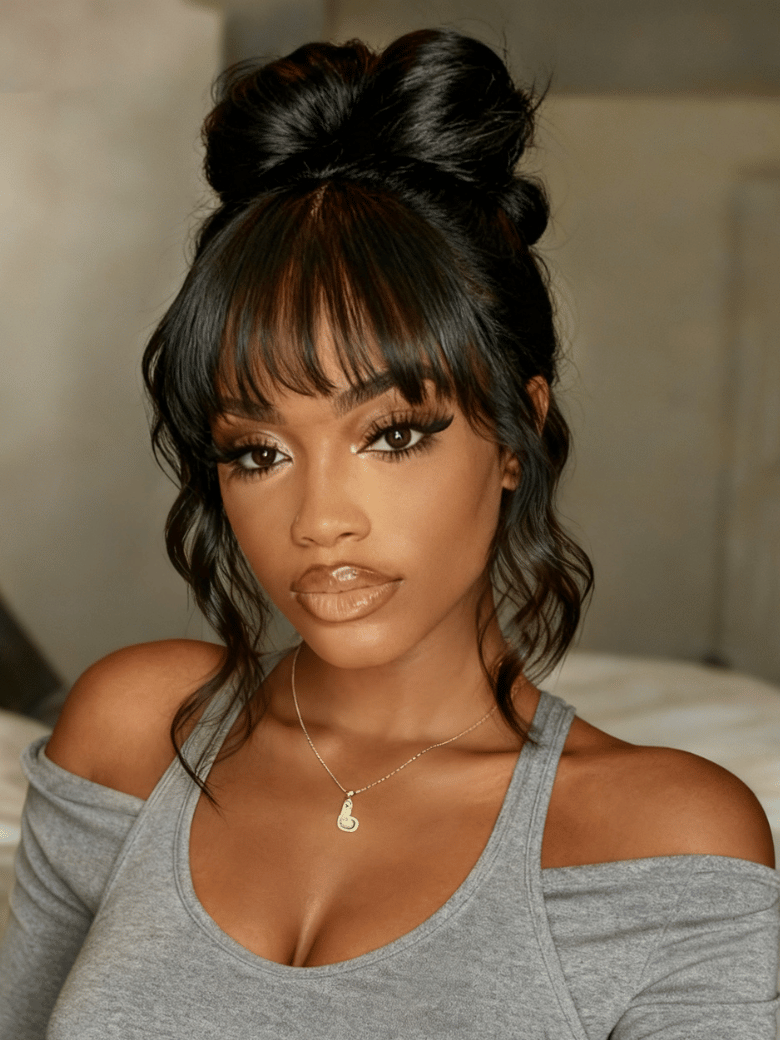 UNice 7x5 Bye-Bye Knotsâ¢ & 13x4 Pre-Everythingâ¢ & HD Lace Frontal Pull And Go Black Fluffy Natural & Balayage Highlights Loose Wave Curtain Bangs 