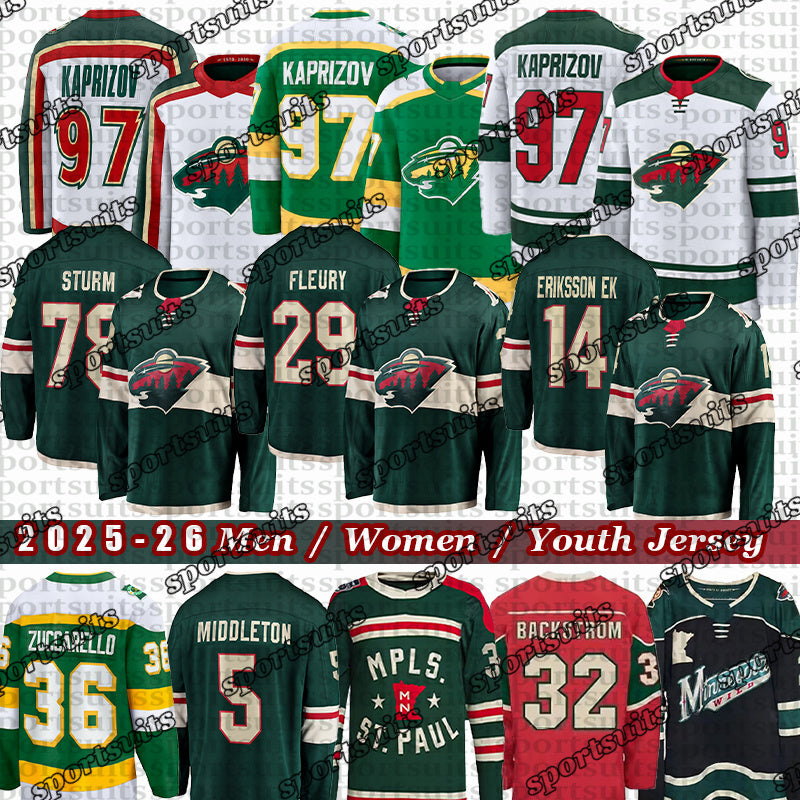 #97 Kirill Kaprizov mn hockey jersey #7 Brock Faber Matt Boldy Mats Zuccarello Vladimir Tarasenko Spurgeon Ryan Hartman Marco Rossi Joel Eriksson Ek