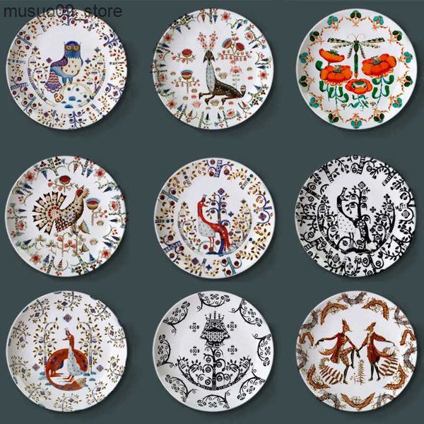 Decorative Plates Finland Magic Forest Bird Decorative Plate Owl Fox Illustration Printed Ceramic Dish for Home Decor Cartoon Animal Fruit T