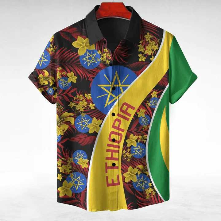 Men&#039;s Casual Shirts Ethiopia Africa County Flag Map Short Slve Shirts For Men Clothes Orthodox T National Emblem Graphic Blouses Hawaii Boy Top