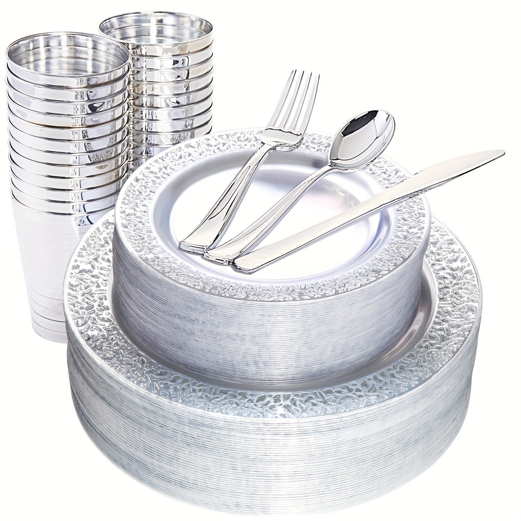 TEMU 150pcs Golden Plastic Plates, Clear And Golden Silverware & Golden Cups, Lace Design Golden Dinnerware : 25 Dinner Plates, 25 Dessert Plates, 25